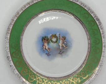 Antique Bawo Dotter Cherub Plate: Austrian Green & Gold Decor (7 3/4")