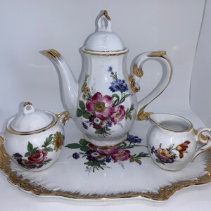 Floral Tea Set: Gold Edged Teapot, Creamer, Sugar Bowl & Tray