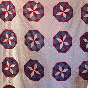 Antique Eight Point Star Quilt: Hand-Pieced Red White Blue Americana