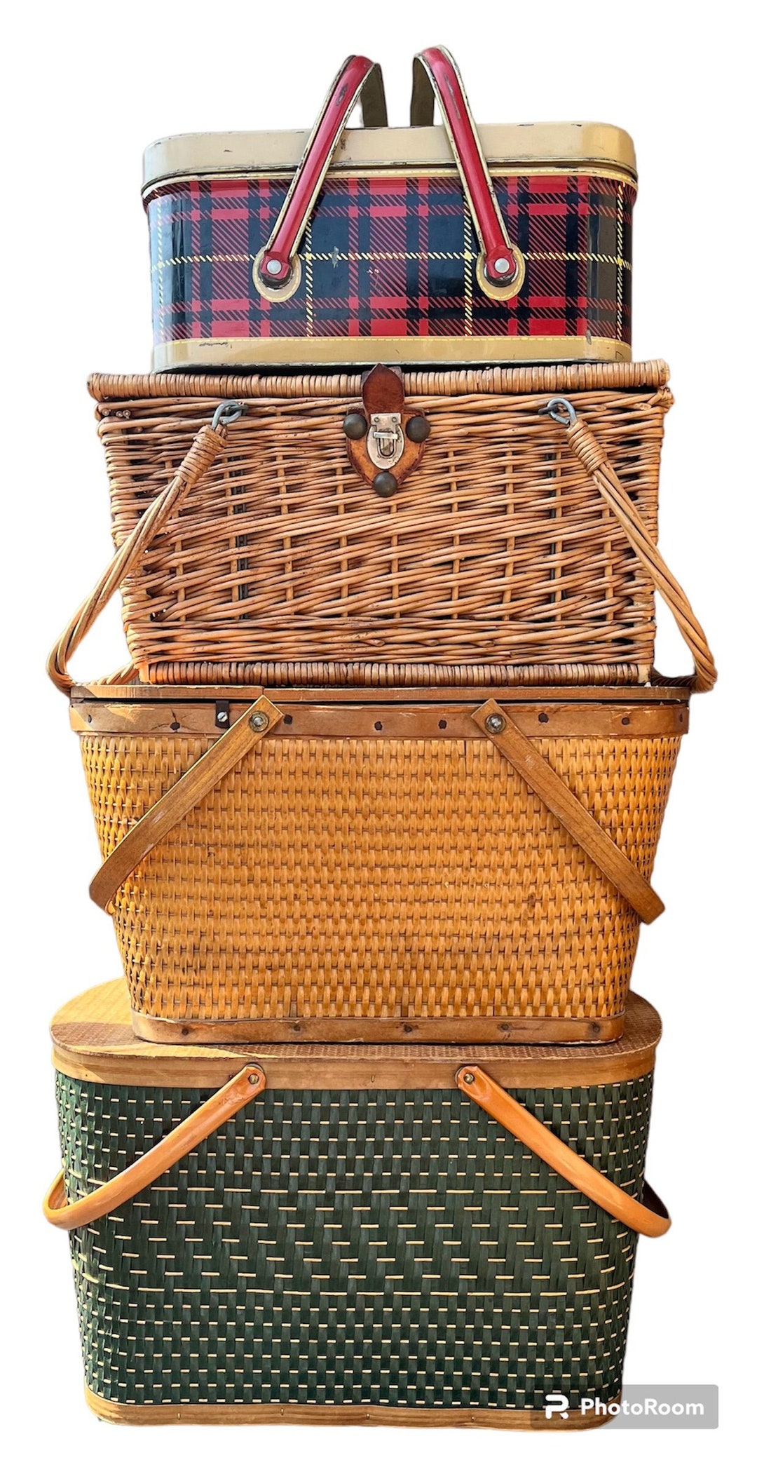Vintage Picnic Baskets, Nesco Plaid Metal Picnic, Woven Picnic Basket
