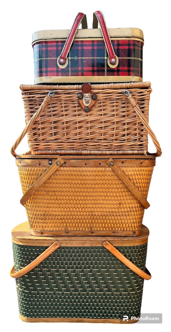 Vintage Picnic Baskets, Nesco Plaid Metal Picnic,… - image 1