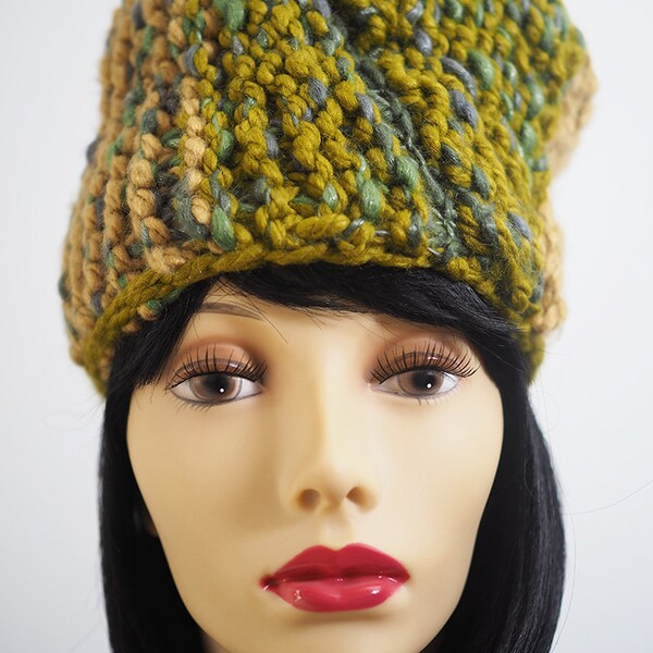 PENELOPE zielony i złoty kapelusz Crochet, gotowy do wysyłki, grube dzianiny kapelusz, Cloche Hat, Gold Hat, ooak Hat, moda dzianiny kapelusz, moda wiosna