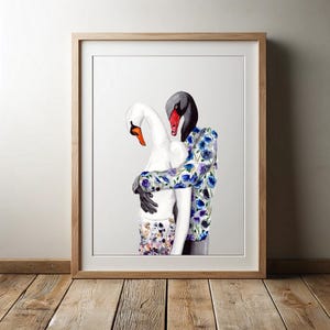 Black and white swan couple bird art print