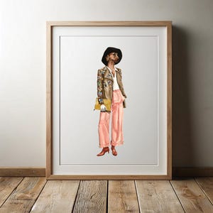 May include: A framed art print featuring a stylized illustration of a dog wearing a black hat, a tan jacket with butterfly patterns, a white shirt, pink trousers, and brown shoes, while holding a yellow clutch bag in a standing pose.