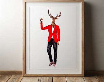 Deer with a champagne animal art print