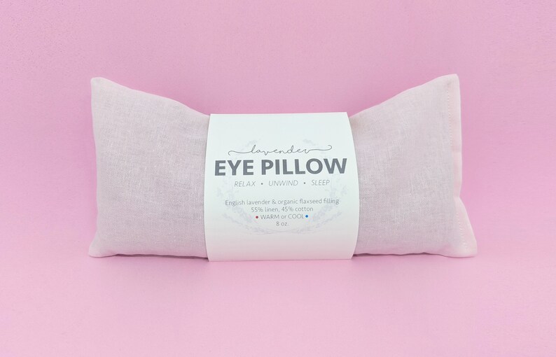 eyeable eye pillow lavender blush pink linen flaxseed real dried lavender buds beautiful label with reusable plastic bag to keep scent fresh warm or cool warm compress dry eye cold compress headache sinus pain gift birthday get well wedding