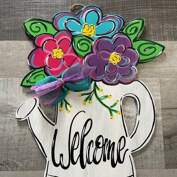 Watering Can door hanger, Welcome door hanger, Spring Decor, Spring flower door hanger, Flower door hanger, wooden door hanger, door decor