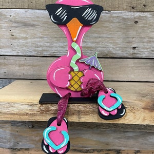 Flamingo with dangling legs, Flamingo Shelf Sitter, Flamingo Decor, Drinking Flamingo, Flamingo Gifts, Flamingo with ribbon legs