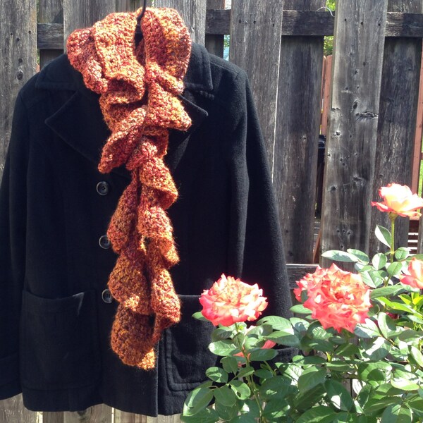 Long Curly Scarf - 100% Handmade Crochet, Women's Scarf, Color: Wildfire