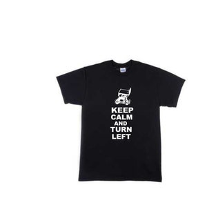 May include: Black t-shirt with a white graphic of a race car and the text "Keep Calm and Turn Left".