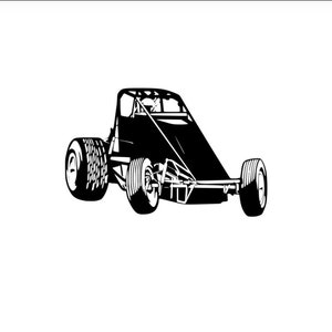 May include: Black and white illustration of a race car. The vehicle has large rear tires, a roll cage, and a streamlined body. The image is a graphic design, likely for a print or decal.