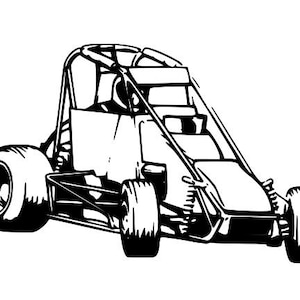 May include: Black and white illustration of a race car, featuring large tires, a roll cage, and a streamlined body. The vehicle is designed for speed and competition, with a focus on performance and safety.