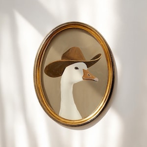Impresión de ganso vaquero tonto, decoración infantil del oeste, arte de pared del suroeste, obra de arte de pato marrón de granja