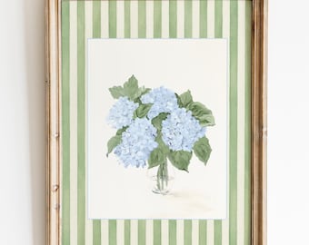 Cuadro de hortensias azules, lámina decorativa de rayas verdes, estilo Hamptons (descarga digital)