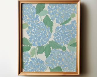 Lámina de jardín de hortensias azules, pintura de hojas verdes, arte de Charleston Lowcountry (descarga digital)