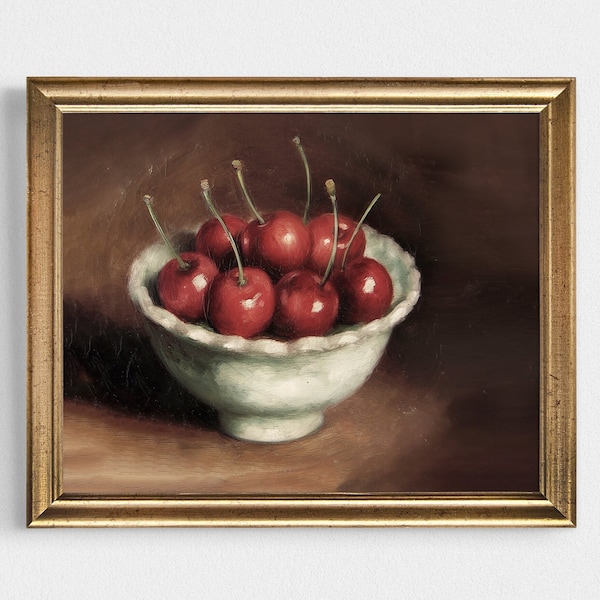 Cherries painting, cherry Art Print,  aesthetic still life red fruit still life painting rustic country Kitchen Art