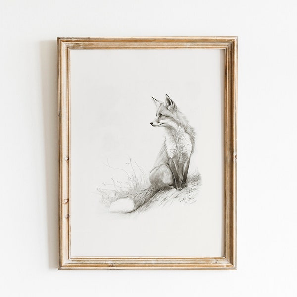 Minimalist Fox print, light academia decor grey Woodland neutral Nursery wall Art, sketch style digital download