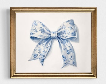 blue bow chinoiserie nursery print, grandmillenial wall art, blue willow coquette room decor, coastal grandaughter painting, preppy poster
