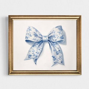 blue bow chinoiserie nursery print, grandmillenial wall art, blue willow coquette room decor, coastal grandaughter painting, preppy poster