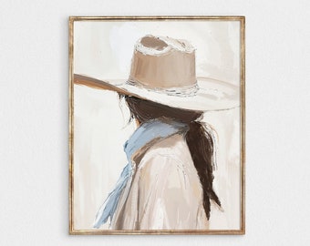 Cowgirl hat print, neutral western wall art, warm tone southern dorm room decor, coastal Country Aesthetic preppy poster digital download