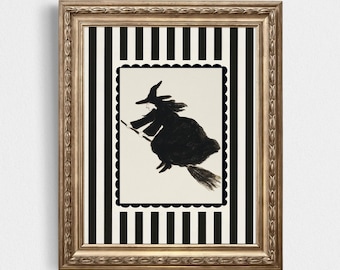 Cuadro decorativo de bruja en escoba, estampado de Halloween a rayas, decoración gótica para habitación infantil (descarga digital)