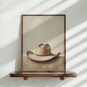 Arte de pared occidental, impresión moderna de sombrero de vaquero neutro, decoración del suroeste, obra de arte imprimible de rancho