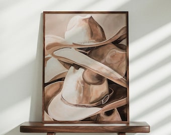 Cowboy Hats Wall Art Printable, Neutral Western Hat Still Life Painting, Rustic Ranch Farmhouse Decor, Digital Download