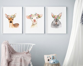 watercolor animal prints, Nursery animal set, Baby Shower Gift, nursery art, nursery wall art, nursery decor, floral nursery decor