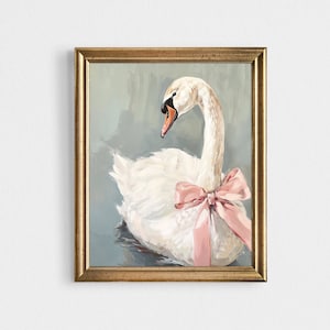 swan with a pink bow print, soft pink girly nursery painting, dreamy Balletcore wall art, pastel coquette aesthetic teen girl bedroom poster