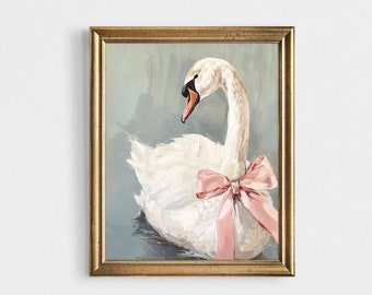 Impression de cygne avec un noeud rose, peinture de chambre d'enfant rose pâle, art mural Balletcore rêveur, affiche de chambre d'adolescente esthétique coquette pastel