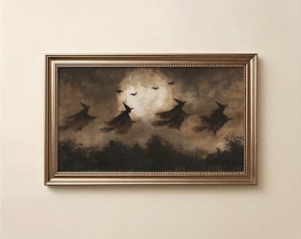 Cuadro decorativo de brujas volando para TV, arte mural de Halloween con un toque melancólico, con acceso al paquete de otoño.