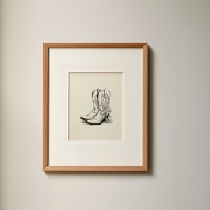 Cowgirl boots  style sketch print,  coastal cowgirl minimalist cowboy boots illustration, Warm neutral western midcentury country wall art