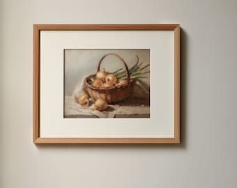 Onions digital still life oil printable, light academia decor french country kitchen wall art, digital download, neutral kitchen print