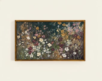 Cornice di fiori selvatici in TV, salvaschermo floreale Moody verde scuro, opera d'arte televisiva con fiori cottagecore