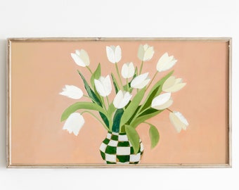 Frame Tv Art tulips still life modern flowers neutral vintage painting, peach floral checkered artwork for the frame tv contemporary