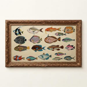 May include: A rectangular wall art piece featuring a collection of various colorful fish illustrations arranged in rows on a cream background, enclosed within an ornate, metallic bronze-colored frame with detailed relief carvings along the edges.