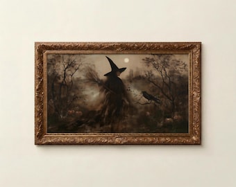 Arte de TV con marco de bruja oscura: una obra de arte sombría de Halloween con ambientación otoñal.
