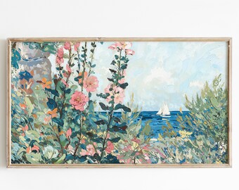 Frame Tv Art boat, summer floral seascape colourful and bright vintage painting artwork for the frame tv blue, coastal