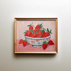 Strawberry Bowl Art Print, Grandmillennial Kitchen Wall Decor, Vintage Fruit Painting, cozy Cottagecore Pink Artwork, Digital Download