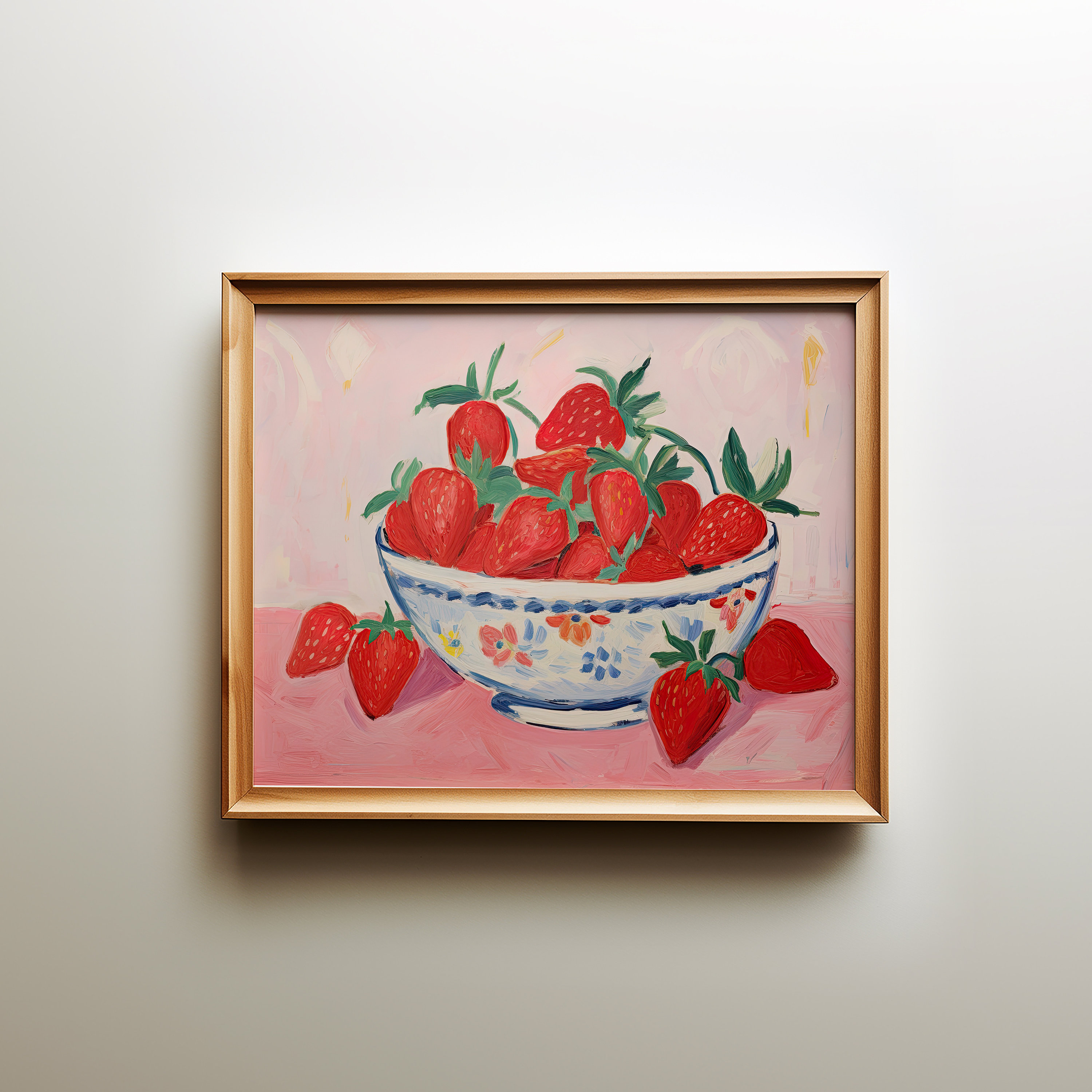 Strawberry Bowl Art Print, Grandmillennial Kitchen Wall Decor, Vintage Fruit Painting, cozy Cottagecore Pink Artwork, Digital Download