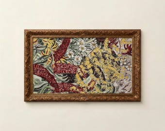 May include: A rectangular wall art piece featuring a dense, textured floral pattern in shades of deep red, bright yellow, and white, set within an ornate, antique-style gold frame with intricate carved detailing along the edges.