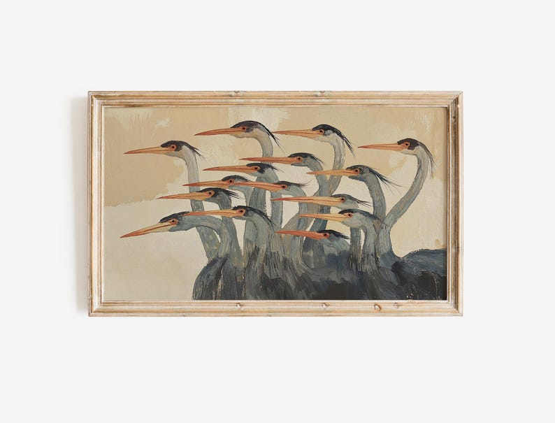 Quadro TV astratto con aironi, salvaschermo moderno e neutro con uccelli costieri. immagine 5