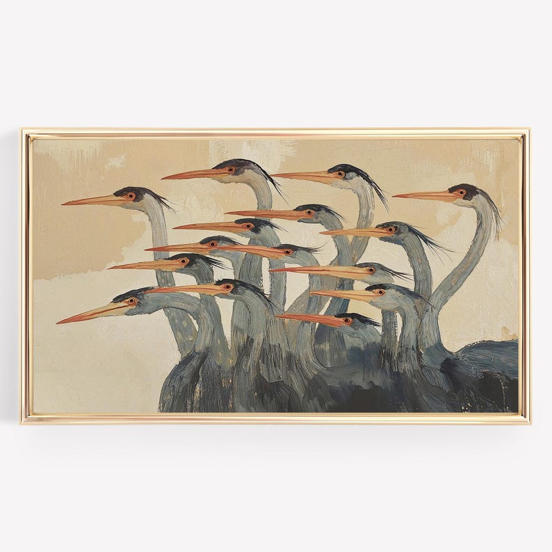 Quadro TV astratto con aironi, salvaschermo moderno e neutro con uccelli costieri. immagine 9