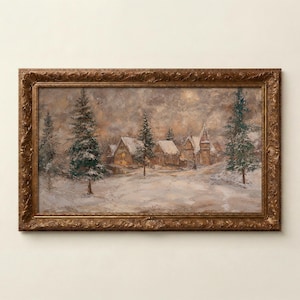 May include: A rectangular oil painting in an ornate gold frame depicting a winter village scene with snow-covered houses and evergreen trees under a cloudy sky. The artwork features muted brown, white, and green tones with visible brushstrokes.