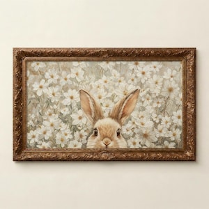 Easter Bunny Frame TV Art, Spring Samsung Screensaver, Rabbit Ears in Floral Meadow