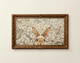 Cornice TV con coniglietto pasquale, salvaschermo primaverile per Samsung, orecchie di coniglio in un prato fiorito