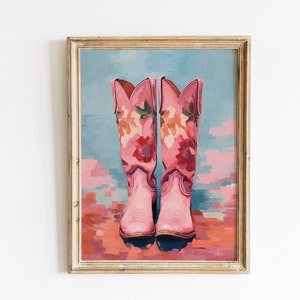 coastal Cowgirl boots print, Coastal Pink Painting poster, Western nursery printable, Southern girl room wall art, decor digital download