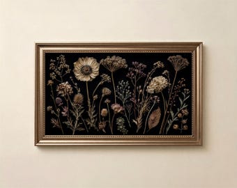 Dried Botanical Frame TV Art, Black Background Flower Samsung Frame TV Download, Moody Pressed Wildflower TV Art