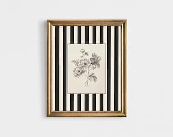 stripes black and white floral striped, botanical modern cottagecore downloadable art print