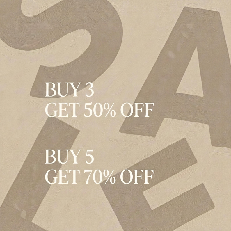 a sale advertisement with large text and multiple offers. The text reads "BUY 3 GET 50% OFF" and "BUY 5 GET 70% OFF".